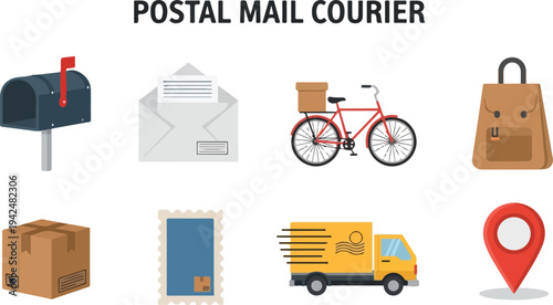 Postal mail courier graphic with mailbox envelope bicycle backpack box stamp truck and location marker