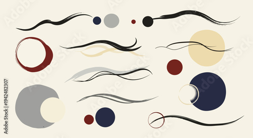 Abstract decorative elements with graceful brush strokes and minimalist circles. Sophisticated muted colors offer elegant graphic design accents for modern art projects