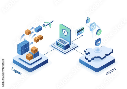 Diagram depicts exportimport process Boxes containers laptop airplane map currency symbols and credit card are shown