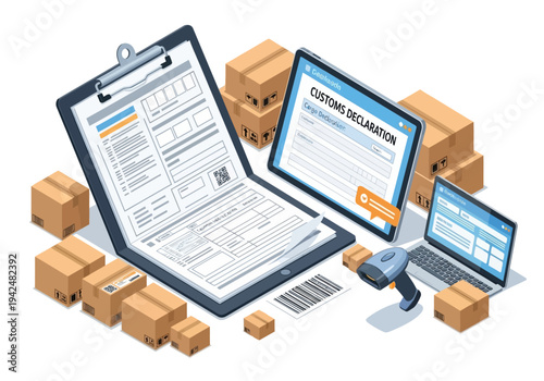 Customs documentation illustration with boxes laptop tablet documents and a scanner