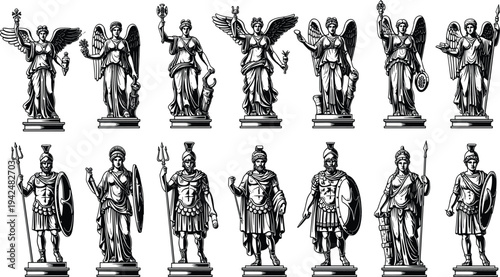 Ancient Greek and Roman Gods Statues Set with Winged Goddesses and Mythological Warriors Vector Illustration Silhouettes for Classic Art Design.