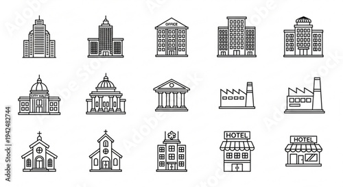 Collection of modern city buildings and landmarks