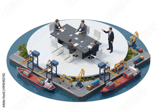 Illustration of a business meeting taking place Surrounding the meeting is a port scene with container ships cranes and trucks