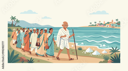 A peaceful pilgrimage led by a white‑robed leader across a tranquil beach, illustrated from a gentle viewpoint showing the group of colorful robes, serenity and distant mountains
