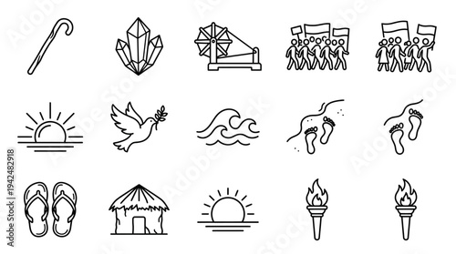 Minimalist black line drawing collection featuring a hockey stick, sunrise, wave, flipflops and torch, arranged in four rows of simple icons on a plain white canvas viewed from a top-down perspective