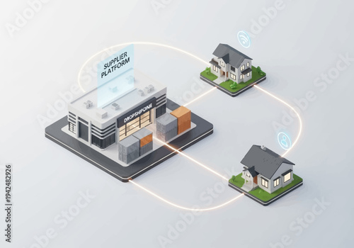 Isometric depiction of a Supplier Platform building connected to two houses via lines