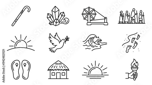 Viewing a minimalist set of twelve black line illustrations on a white surface, highlighting a shepherd's crook, gemstones, piano, a dove with olive branch, a crashing wave, and a musician on a rock