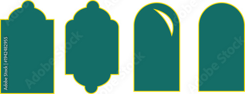 Four dark green architectural archway silhouettes on white background