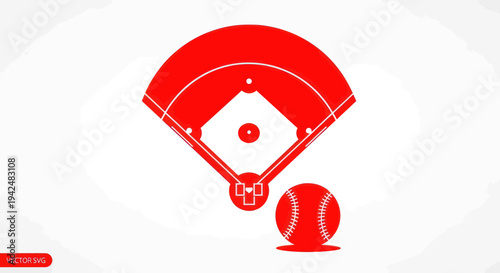Red Baseball Field and Ball Icon Silhouette