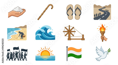 Exploring Indian travel adventure through a vector illustration of twelve icons arranged in a four‑by‑three grid, depicting culture, leisure and journey elements from a top‑down viewpoint