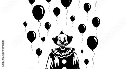 Scary Clown with Black Balloons, Horror Character, Halloween Concept