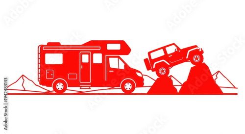 Red RV and Off-Road Jeep Icon on Mountains