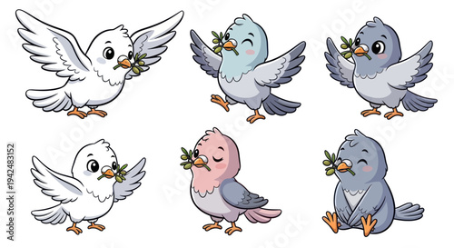 Set of Cute Cartoon Pigeons Holding Olive Branches