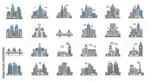 Modern city skyline with various buildings and landmarks
