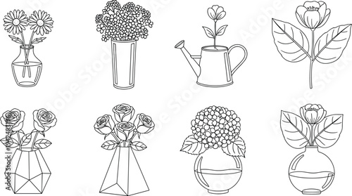 Beautiful flower bouquet line art vector illustration collection featuring roses daisies and hydrangeas in glass vases and watering can pots.