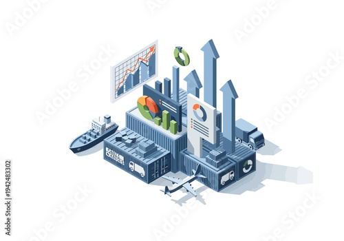 Isometric illustration depicts cargo containers charts arrows a ship a plane and trucks
