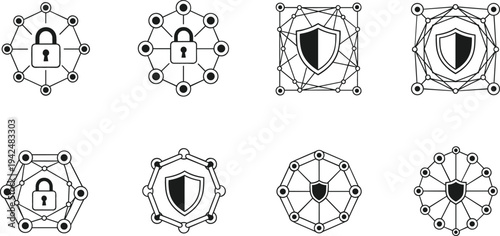 Cyber security shield and lock icon set featuring network protection symbols, secure data connection nodes and digital privacy technology vector illustration