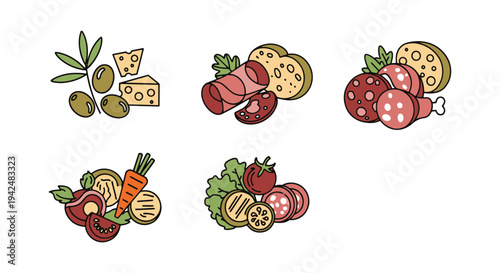 Antipasto Platter Line art elegant soft pastel color illustration