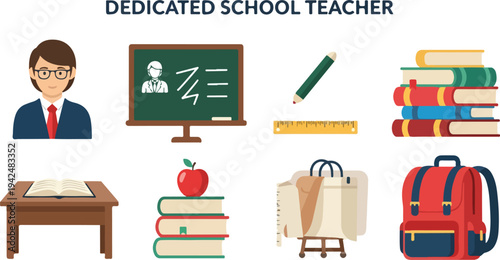 The image displays elements associated with a teacher a person chalkboard pencil ruler books desk apple easel and backpack