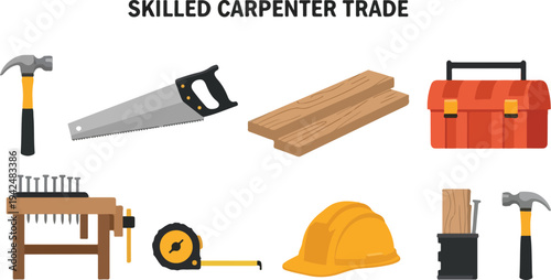 The image displays carpenter tools hammer saw wood planks toolbox workbench tape measure helmet wood and a hammer with a nail