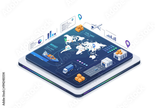Isometric illustration of a global shipping tracking interface depicting transport methods and data visualization