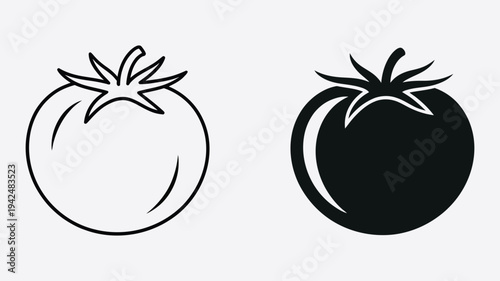Tomato Icons Line Art and Silhouette of Fresh Tomato. Vegetable symbols, fresh food and nutrition concept, grocery and culinary illustration
