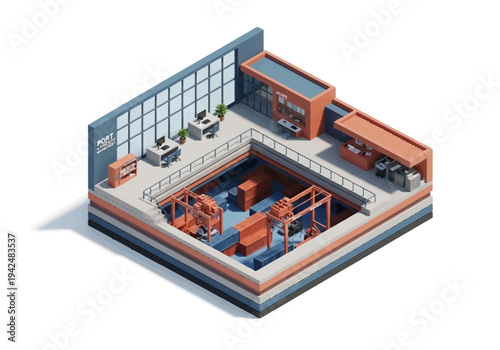 Isometric illustration of a port It features an office with computers a shop and machinery handling containers