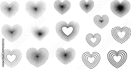 Dotted halftone heart shapes set with radial dot patterns forming romantic love symbols, abstract decorative vector collection for Valentine cards and wedding designs