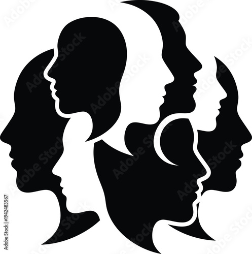A creative vector illustration featuring several abstract human profile faces in black and white silhouette. This design represents the beauty of human diversity, social equality, and global unity. Id