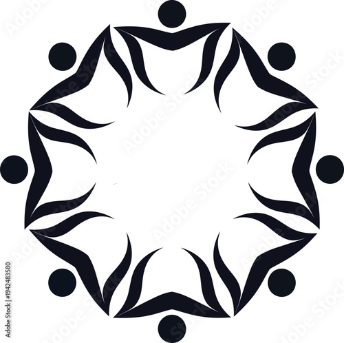 A creative circular ornament or mandala made of abstract human silhouettes holding hands or standing together. This vector illustration symbolizes social harmony, global unity, and the end of racial d