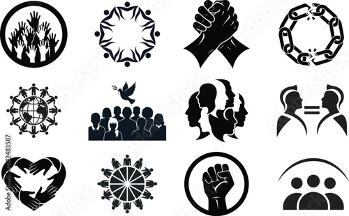 A comprehensive collection of 12 black and white silhouettes for International Day for the Elimination of Racial Discrimination (March 21). This vector bundle features diverse hands, broken chains, gl