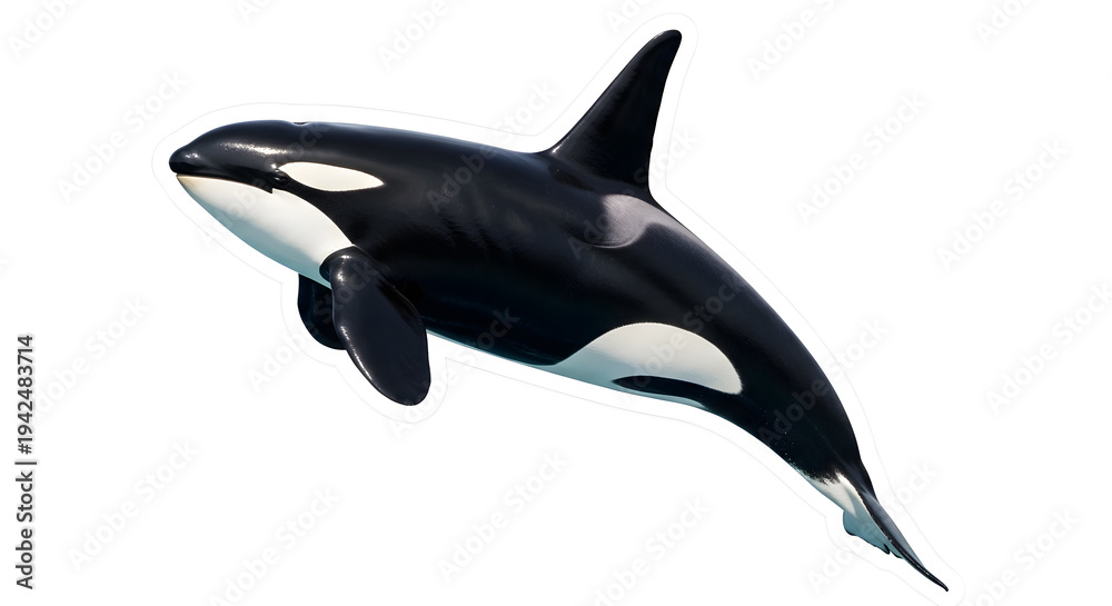 Obraz premium A killer whale swimming freely against a clean white background showing its distinctive black and white patterns