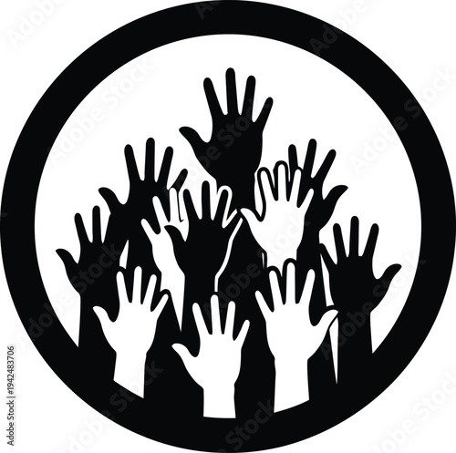 A minimalist black and white silhouette of diverse human hands raised together inside a circular frame. This vector illustration represents unity, solidarity, and the global fight against racism and s