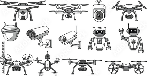 Drone and surveillance technology icon set featuring quadcopter drones, security cameras, flying robots and aerial monitoring devices vector illustration collection
