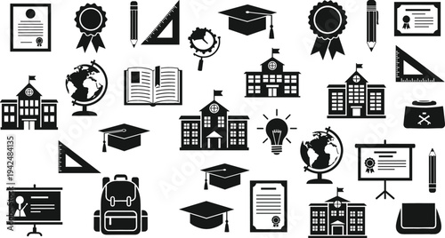 Education and academic icon collection featuring graduation cap, diploma certificate, school buildings, backpack, globe, book, pencil and classroom presentation symbols