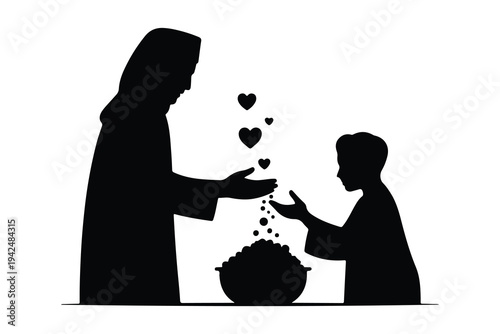 Black silhouette of woman and child sharing hearts from bowl