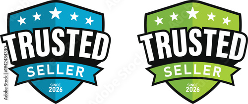 Trusted seller vector logo with shield and star isolated on white background. for icon, label, emblem, sticker, symbol, stamp, tags, medals, logo, badges, seal, banner. Quality product guarantee 