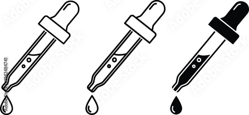 A set of vector line art silhouettes of dropper bottles in various designs and colors