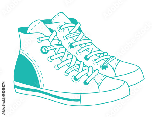 High top sneakers vector line illustration. Classic casual shoes outline isolated on white background.