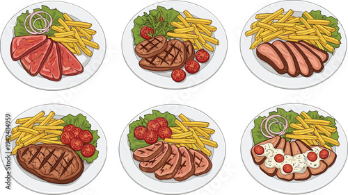 Steak Frites Icon Set with Grilled Beef Steak Sliced Portions French Fries Salad Garnishes Tomatoes Onions and Bistro Style Plates for Food Menu and Restaurant Designs