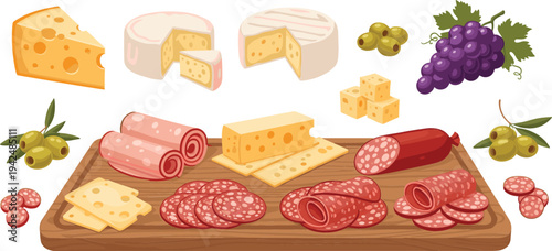 Gourmet cheese and charcuterie board vector illustration featuring assorted cheese wedges, salami slices, olives, grapes and deli meats on wooden platter