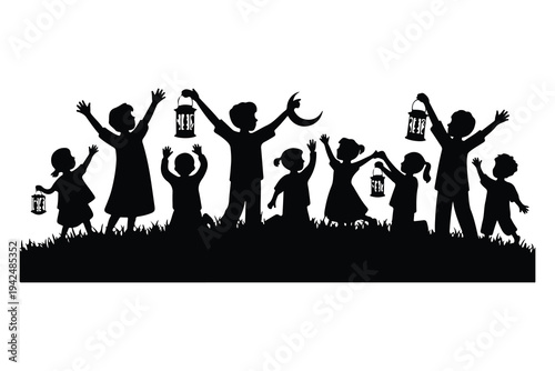 Silhouette of children and adults holding lanterns in a grassy field