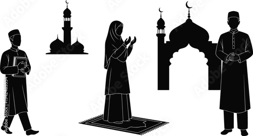 Muslim people praying silhouette collection with mosque, man and woman in traditional Islamic clothing performing prayer and worship vector illustration