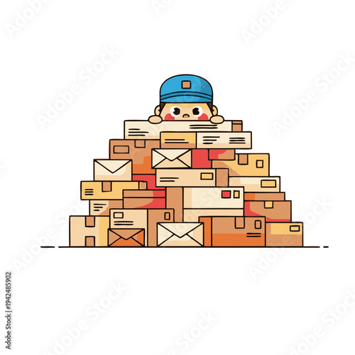 Delivery man hiding behind a huge pile of mail boxes and packages