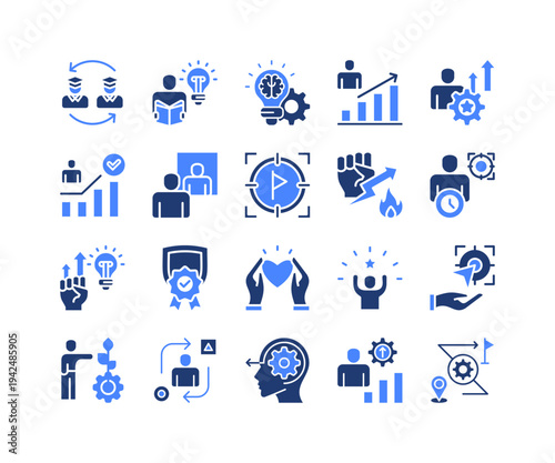 Student Development Icon Collection,  featuring Student Learning, Personal Growth, Self Actualization, Motivation Drive, Empowerment, Authenticity, Challenge.