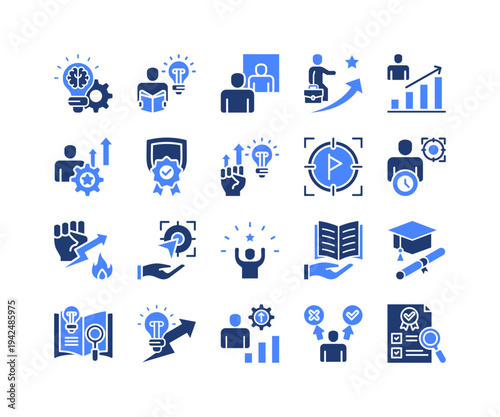 Knowledge Growth Icon Collection,  featuring Insight Learning, Personal Reflection, Self Improvement, Discipline Mindset, Educational Research, Innovation Growth, Evaluation Method.