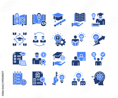 Academic Research Icon Collection,  featuring Research, Dissertation, Innovation, Curriculum Planning, Feasibility Study, Evaluation Process, Brainstorming.
