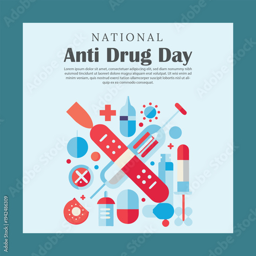 National anti drug day awareness poster with various medical and drug-related icons in a flat design style