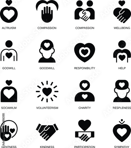 Black solid glyph icons representing altruism compassion charity social responsibility kindness community support and non profit humanitarian aid