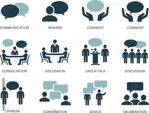 Business Communication and Social Interaction Icon Set Featuring People Silhouettes Speech Bubbles for Professional Discussion Corporate Consultation Design